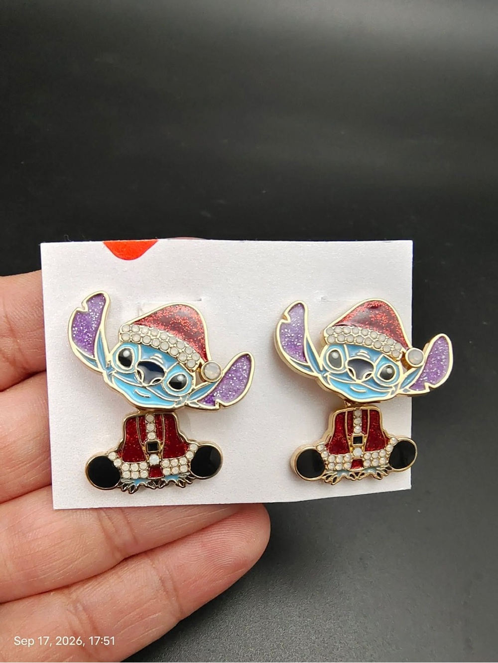 Disney Baublebar Stitch Santa Christmas Smaller Dangle Enamel Pave Stud Earrings